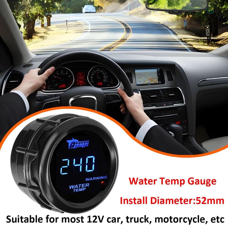 LKRXW Car Water Temperature Gauge 12V Auto Water Temp Gauge Fahrenheit 2" 52mm Meter Digital Blue Light Instruments 104 to 302 F with Sensor - Image 3